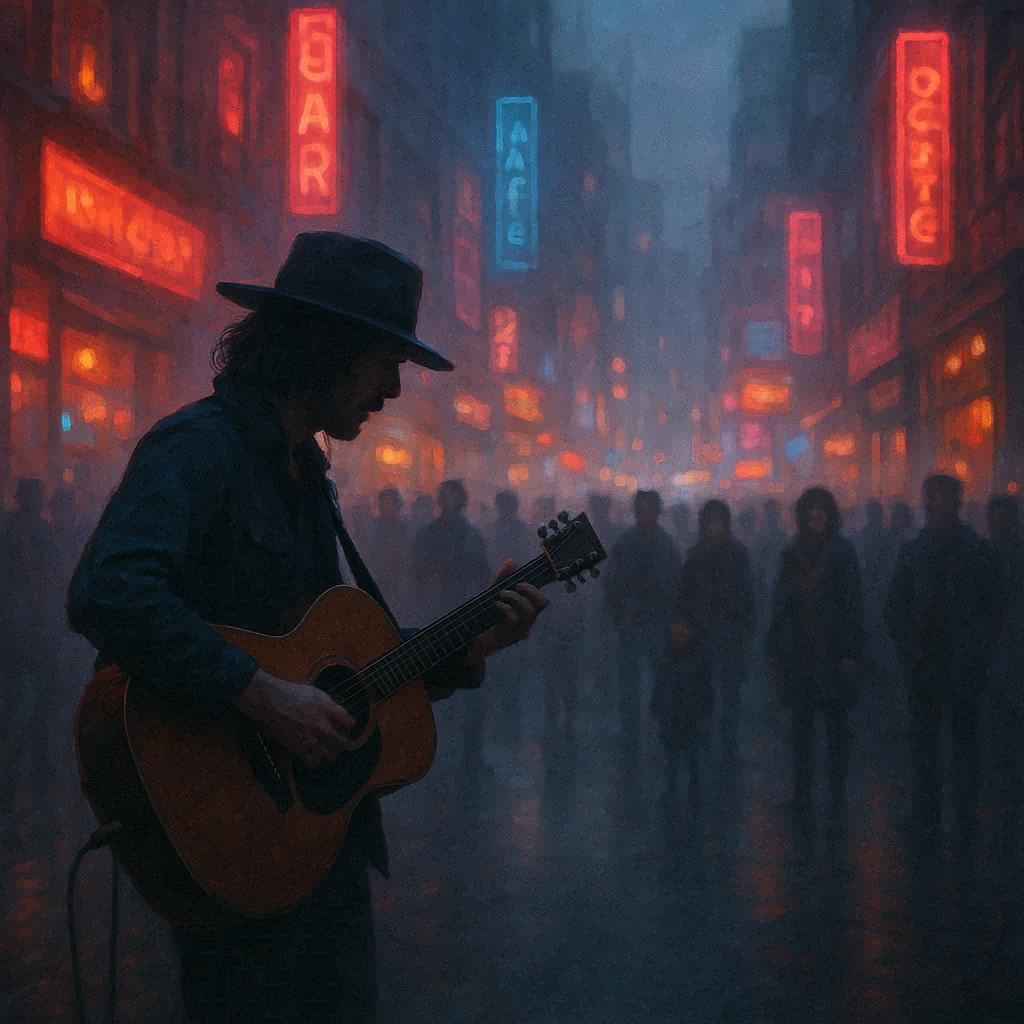 Digital art, wide angle, ambient haze: street performer, neon signs, evening crowd, moody vibes